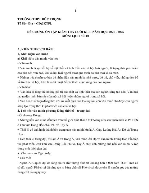 Đề cương ôn tập Học kì 1 Lịch sử 10 năm 2025–2026 trường THPT Đức Trọng (Lâm Đồng)
